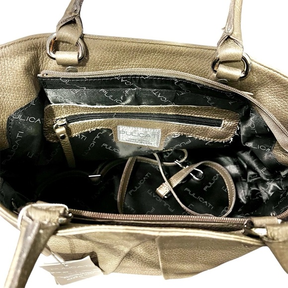 PULICATI Italian Leather Hand Bag Crossbody Champagne Gold & Black NWT - Picture 6 of 12